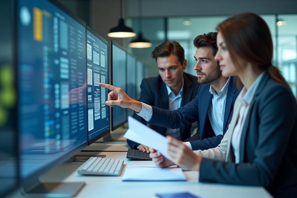 Team collaborating on digital audit preparation with documents on screen and a compliance checklist